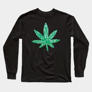 Glittery Green Weed Leaf Long Sleeve T-Shirt